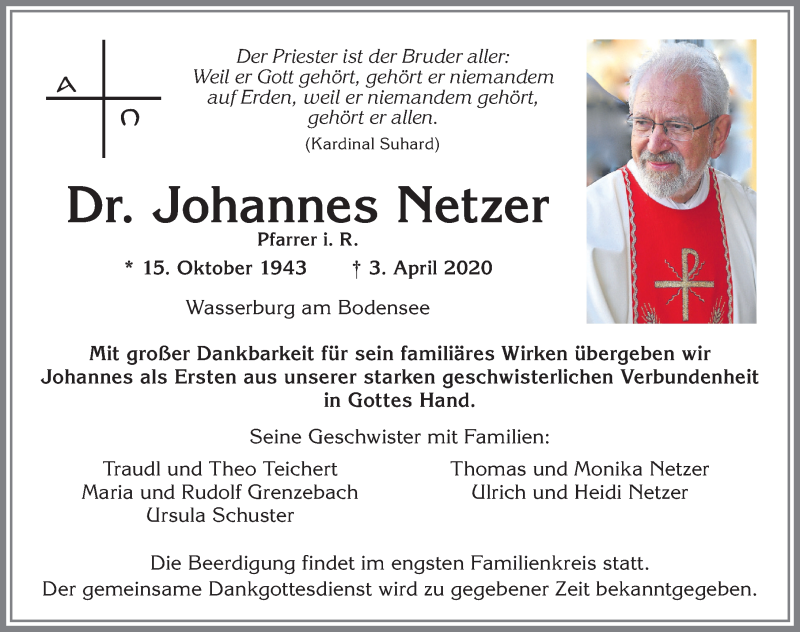  Traueranzeige für Johannes Netzer vom 08.04.2020 aus Allgäuer Zeitung