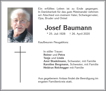 Traueranzeige von Josef Baumann von Allgäuer Zeitung, Kaufbeuren/Buchloe