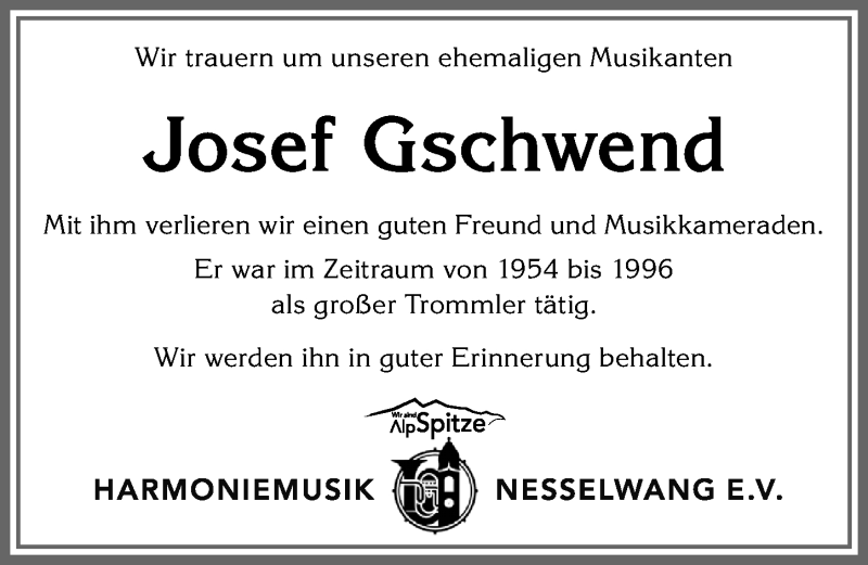  Traueranzeige für Josef Gschwend vom 17.04.2020 aus Allgäuer Zeitung, Füssen