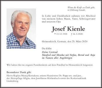 Traueranzeige von Josef Kienle von Der Westallgäuer
