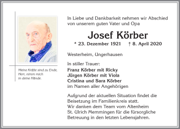 Traueranzeige von Josef Körber von Memminger Zeitung