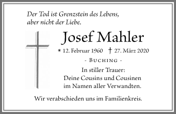 Traueranzeige von Josef Mahler von Allgäuer Zeitung, Füssen