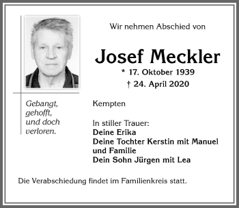 Traueranzeige von Josef Meckler von Allgäuer Zeitung,Kempten