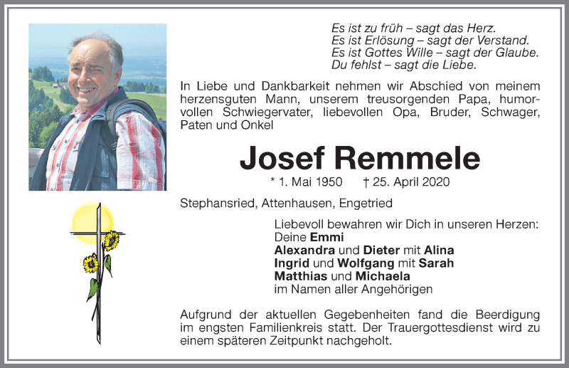  Traueranzeige für Josef Remmele vom 30.04.2020 aus Memminger Zeitung