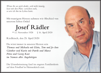 Traueranzeige von Josef Rädler von Der Westallgäuer