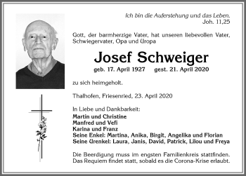 Traueranzeige von Josef Schweiger von Allgäuer Zeitung, Marktoberdorf