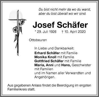 Traueranzeige von Josef Schäfer von Memminger Zeitung