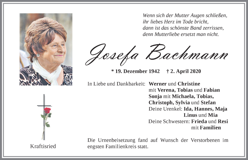  Traueranzeige für Josefa Bachmann vom 20.04.2020 aus Allgäuer Zeitung