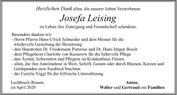 Traueranzeige von Josefa Leising von Allgäuer Zeitung, Füssen