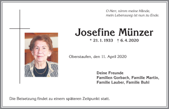 Traueranzeige von Josefine Münzer von Allgäuer Anzeigeblatt