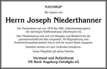 Traueranzeige von Joseph Niederthanner von Allgäuer Zeitung, Kaufbeuren/Buchloe