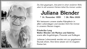 Traueranzeige von Juliana Blender von Allgäuer Zeitung, Kaufbeuren/Buchloe