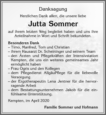 Traueranzeige von Jutta Sommer von Allgäuer Zeitung,Kempten