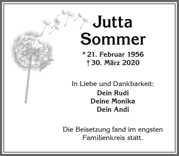 Traueranzeige von Jutta Sommer von Allgäuer Zeitung,Kempten