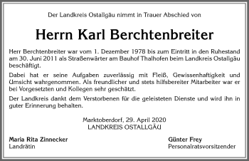 Traueranzeige von Karl Berchtenbreiter von Allgäuer Zeitung, Marktoberdorf