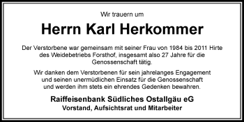Traueranzeige von Karl Herkommer von Allgäuer Zeitung, Füssen