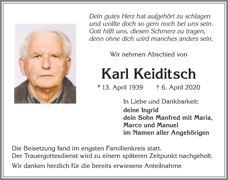  Traueranzeige für Karl Keiditsch vom 25.04.2020 aus Allgäuer Zeitung,Kempten