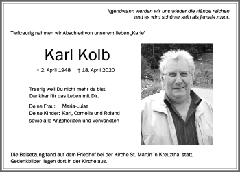 Traueranzeige von Karl Kolb von Allgäuer Zeitung,Kempten