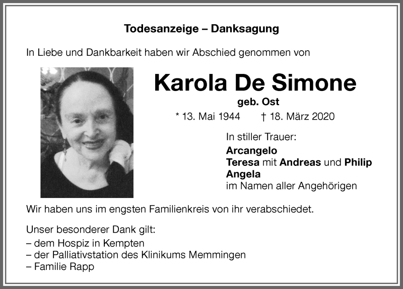  Traueranzeige für Karola  De Simone vom 04.04.2020 aus Memminger Zeitung