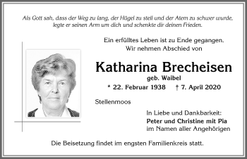 Traueranzeige von Katharina Brecheisen von Allgäuer Zeitung,Kempten