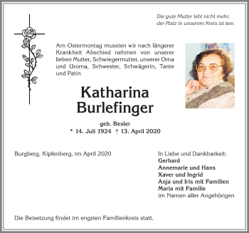 Traueranzeige von Katharina Burlefinger von Allgäuer Anzeigeblatt