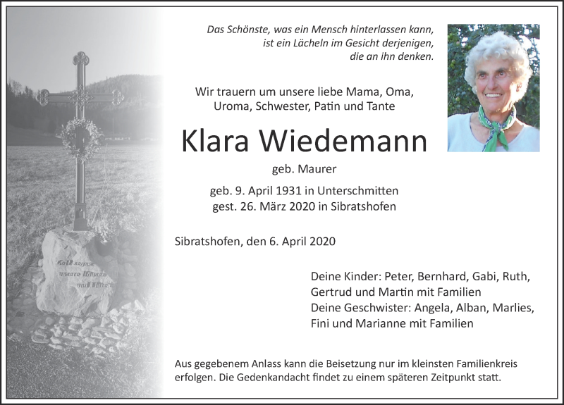  Traueranzeige für Klara Wiedemann vom 06.04.2020 aus Allgäuer Zeitung