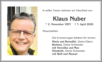 Traueranzeige von Klaus Nuber von Allgäuer Zeitung, Kaufbeuren/Buchloe