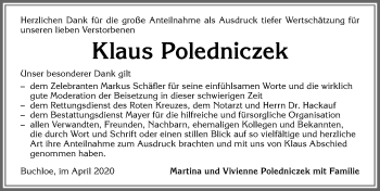 Traueranzeige von Klaus Poledniczek von Allgäuer Zeitung, Kaufbeuren/Buchloe