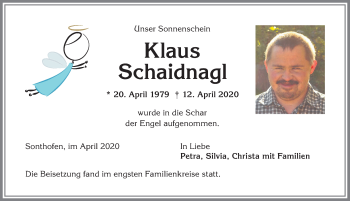 Traueranzeige von Klaus Schaidnagl von Allgäuer Anzeigeblatt