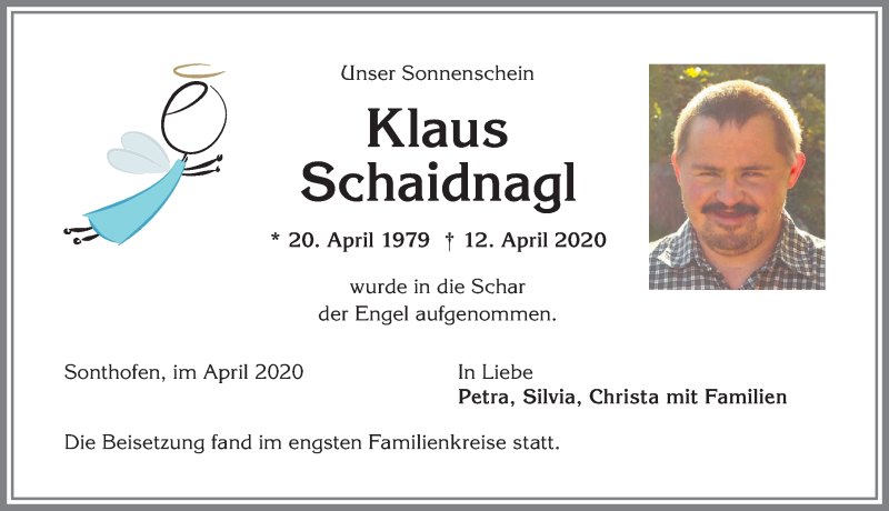  Traueranzeige für Klaus Schaidnagl vom 16.04.2020 aus Allgäuer Anzeigeblatt