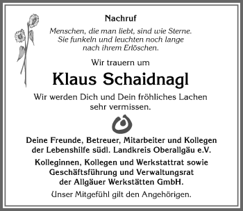 Traueranzeige von Klaus Schaidnagl von Allgäuer Anzeigeblatt
