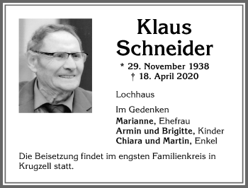 Traueranzeige von Klaus Schneider von Allgäuer Zeitung,Kempten