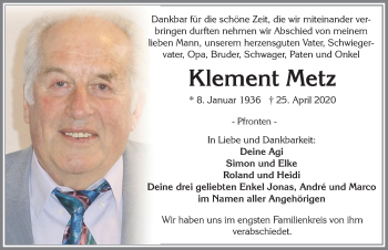 Traueranzeige von Klement Metz von Allgäuer Zeitung, Füssen