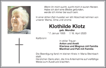 Traueranzeige von Klothilde Klotz von Memminger Zeitung