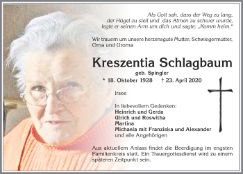 Traueranzeige von Kreszentia Schlagbaum von Allgäuer Zeitung, Kaufbeuren/Buchloe