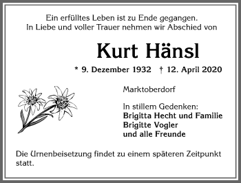 Traueranzeige von Kurt Hänsl von Allgäuer Zeitung, Marktoberdorf