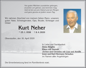 Traueranzeige von Kurt Neher von Allgäuer Zeitung