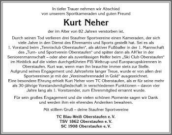 Traueranzeige von Kurt Neher von Allgäuer Anzeigeblatt