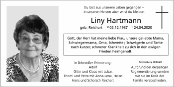 Traueranzeige von Liny Hartmann von Der Westallgäuer