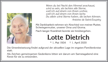 Traueranzeige von Lotte Dietrich von Allgäuer Zeitung