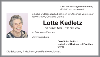 Traueranzeige von Lotte Kadletz von Memminger Zeitung
