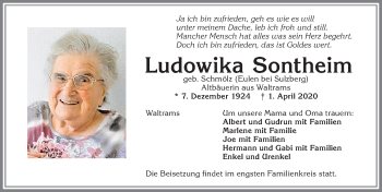 Traueranzeige von Ludowika Sontheim von Allgäuer Zeitung,Kempten