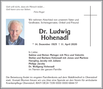 Traueranzeige von Ludwig Hohenadl von Allgäuer Anzeigeblatt