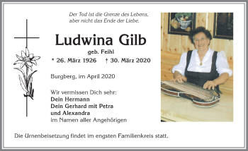 Traueranzeige von Ludwina Gilb von Allgäuer Anzeigeblatt