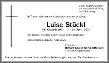 Traueranzeige von Luise Stückl von Allgäuer Zeitung, Marktoberdorf