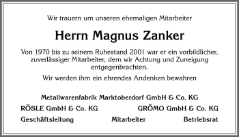 Traueranzeige von Magnus Zanker von Allgäuer Zeitung, Marktoberdorf
