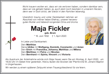 Traueranzeige von Maja Fickler von Memminger Zeitung