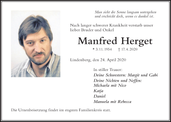 Traueranzeige von Manfred Herget von Der Westallgäuer