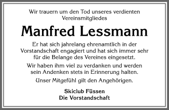 Traueranzeige von Manfred Lessmann von Allgäuer Zeitung, Füssen