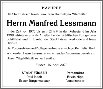 Traueranzeige von Manfred Lessmann von Allgäuer Zeitung, Füssen